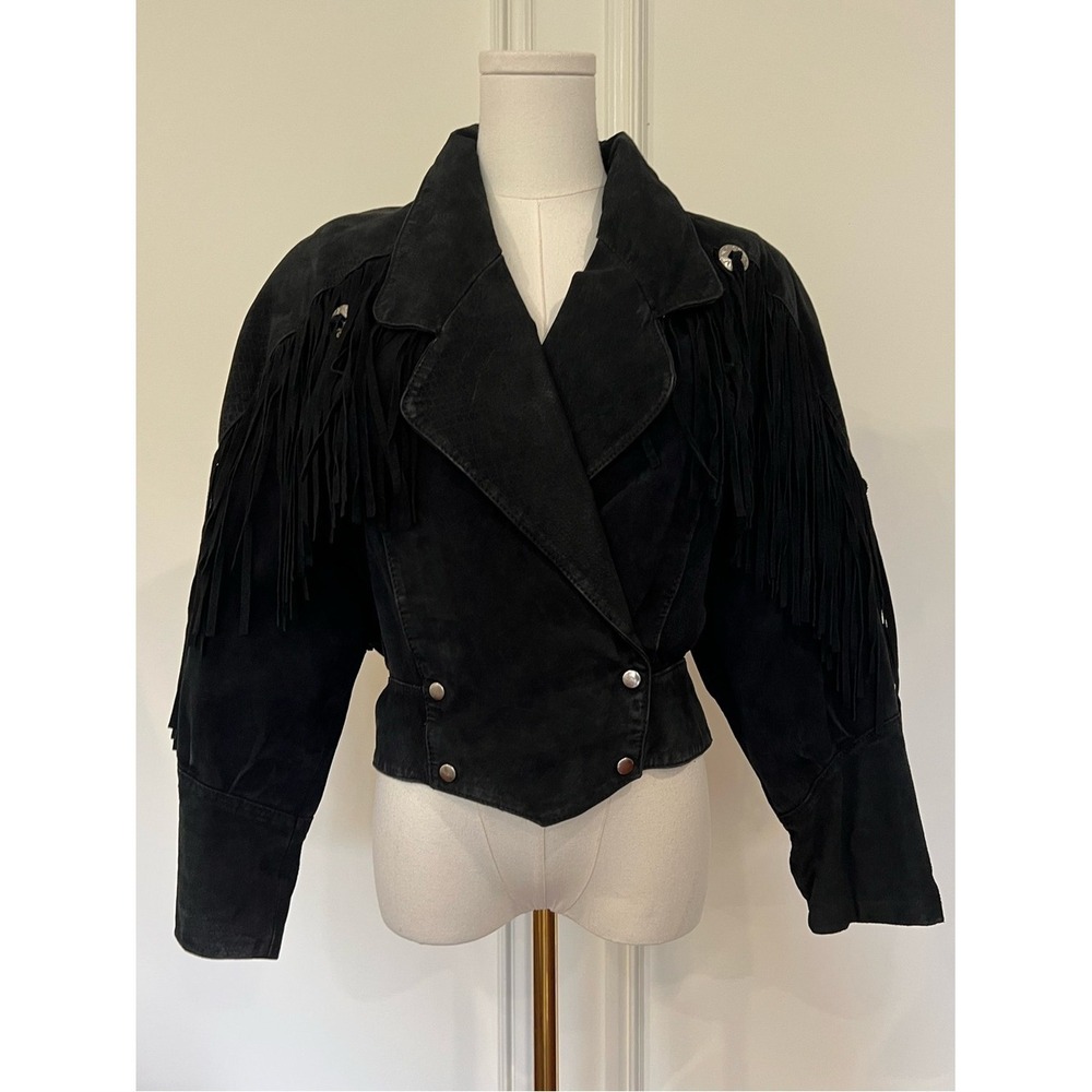 Vintage G-III 80s Black Suede Fringe Concho Cropped Western Moto Jacket Small